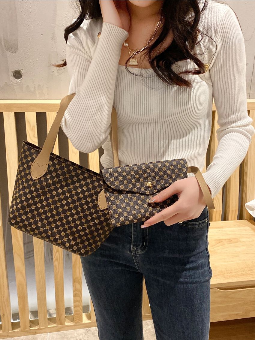 2pcs Geo Print Shoulder Bag With Long Wallet