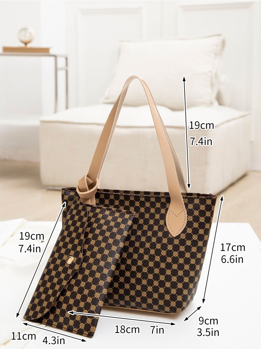 2pcs Geo Print Shoulder Bag With Long Wallet