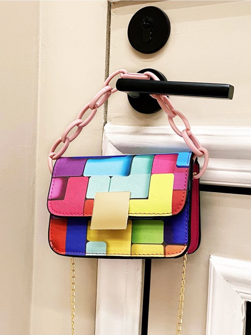 Mini Colorblock Plaid Chain Decor Flap Square Bag