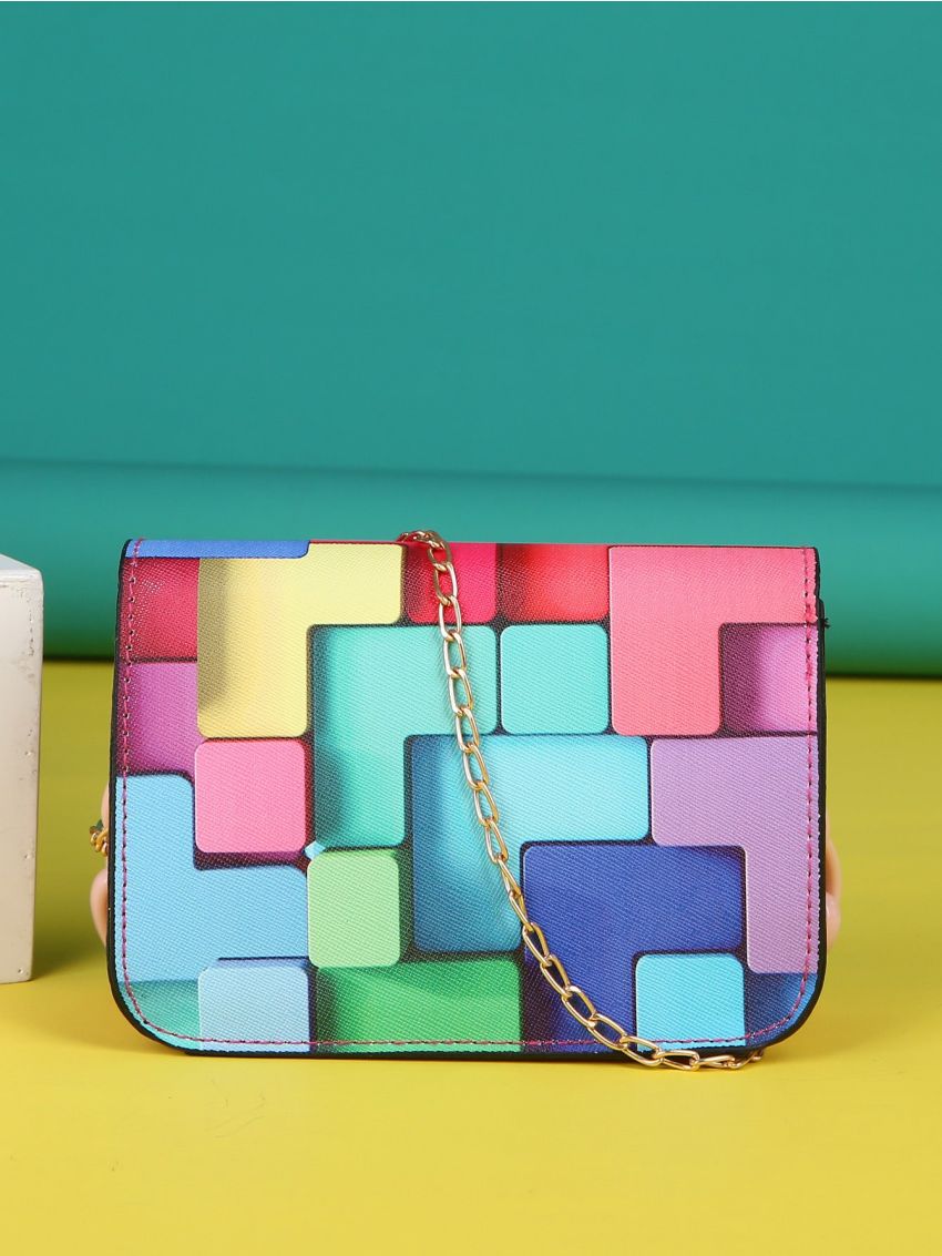 Mini Colorblock Plaid Chain Decor Flap Square Bag