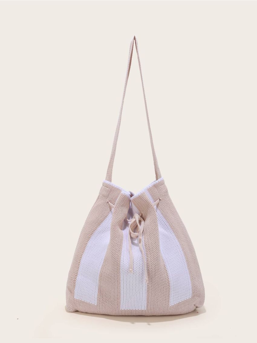 Two Tone Drawstring Design Crochet Bag
