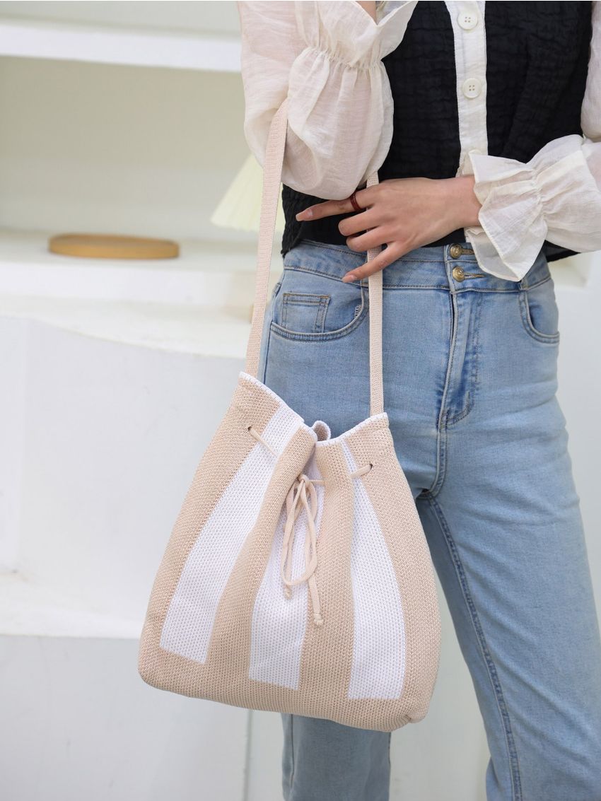 Two Tone Drawstring Design Crochet Bag