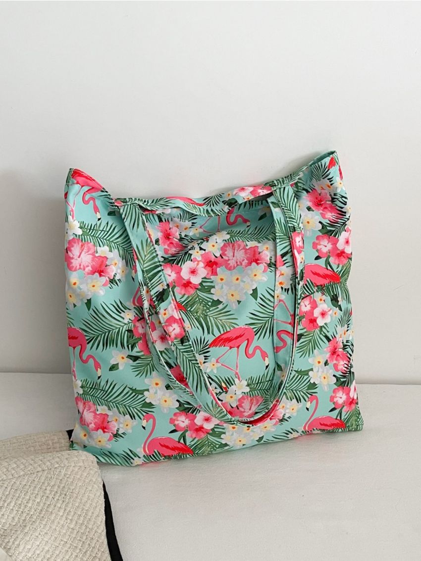 All Over Floral & Flamingo Print Colorblock Shopper Bag