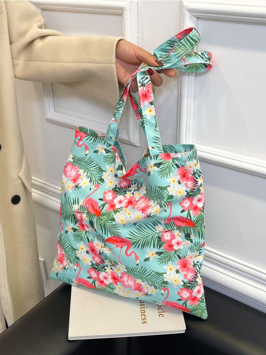 All Over Floral & Flamingo Print Colorblock Shopper Bag