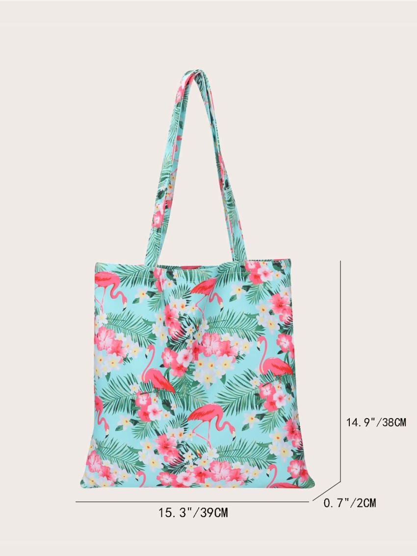 All Over Floral & Flamingo Print Colorblock Shopper Bag