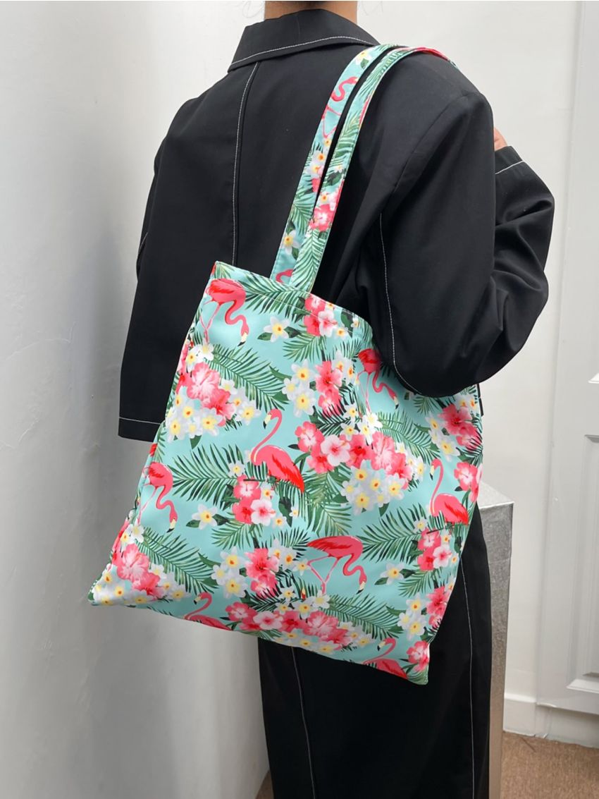 All Over Floral & Flamingo Print Colorblock Shopper Bag
