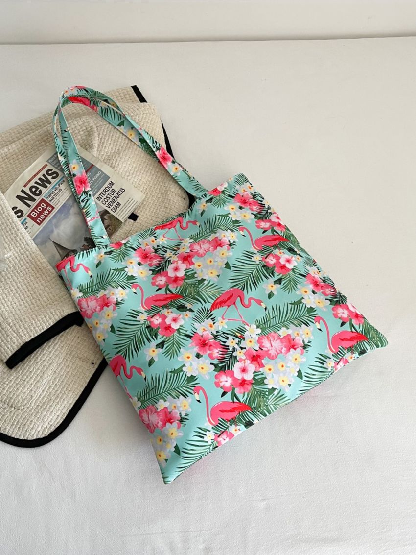 All Over Floral & Flamingo Print Colorblock Shopper Bag