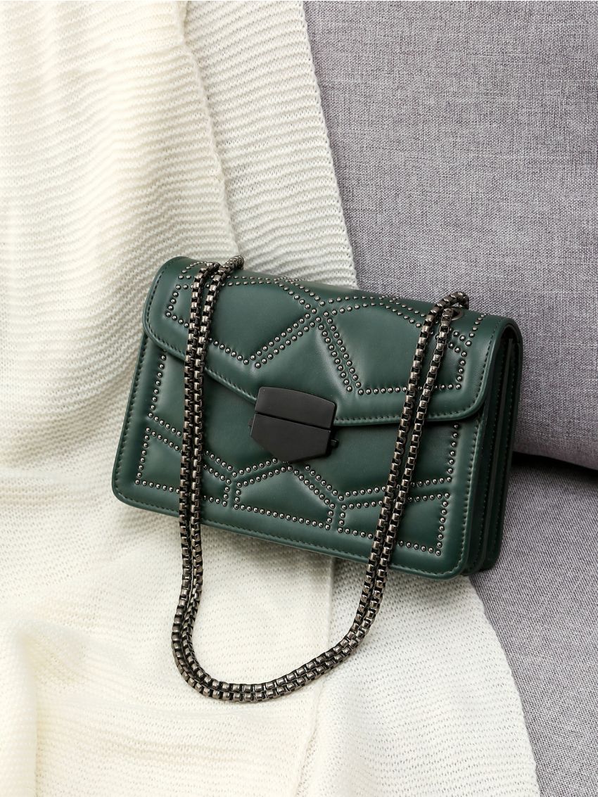 Studded Decor Flap Chain Square Bag