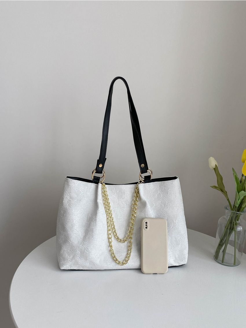 Floral Pattern Chain Shoulder Tote Bag