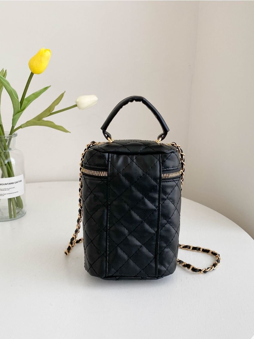 Quilted Double Zipper Chain Bucket Bag