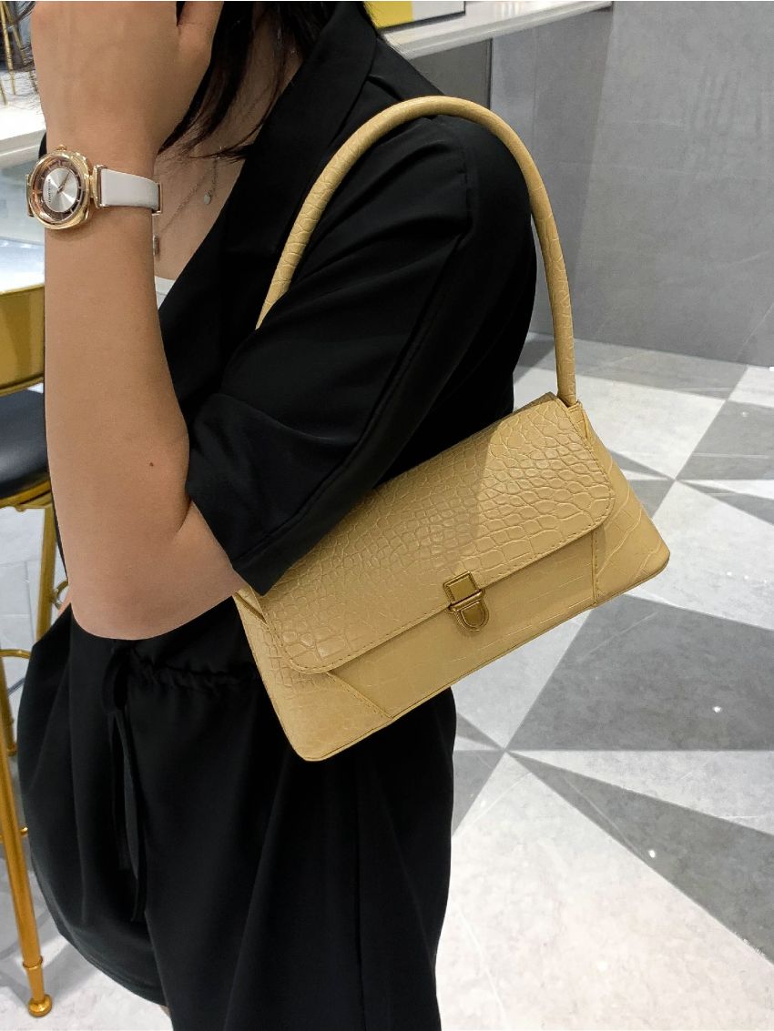 Crocodile Embossed Flap Baguette Bag