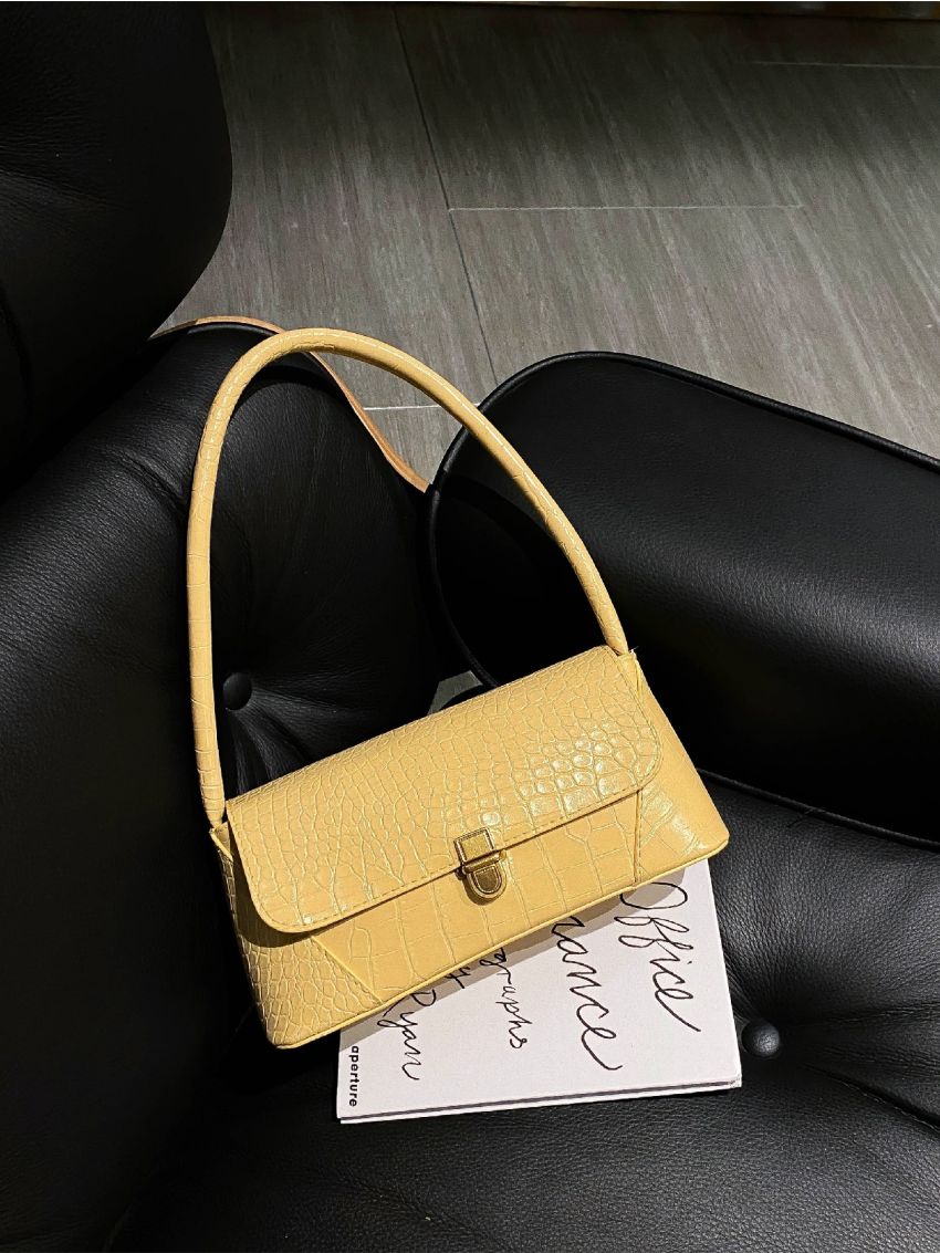 Crocodile Embossed Flap Baguette Bag