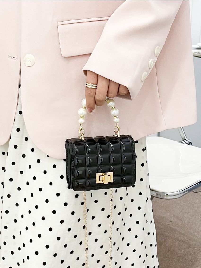 Mini Faux Pearl Decor Turn Lock Square Bag