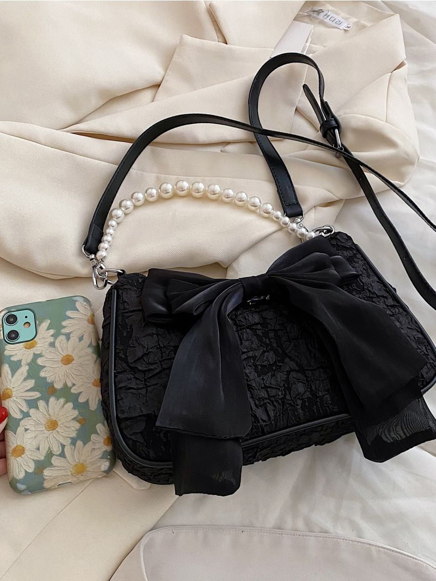 Minimalist Faux Pearl & Bow Decor Baguette Bag