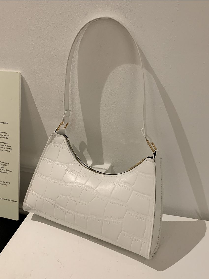 Crocodile Embossed Top Handle Baguette Bag