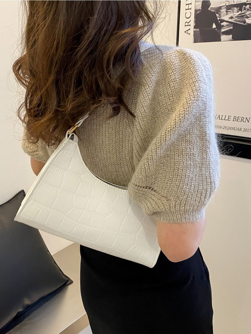 Crocodile Embossed Top Handle Baguette Bag