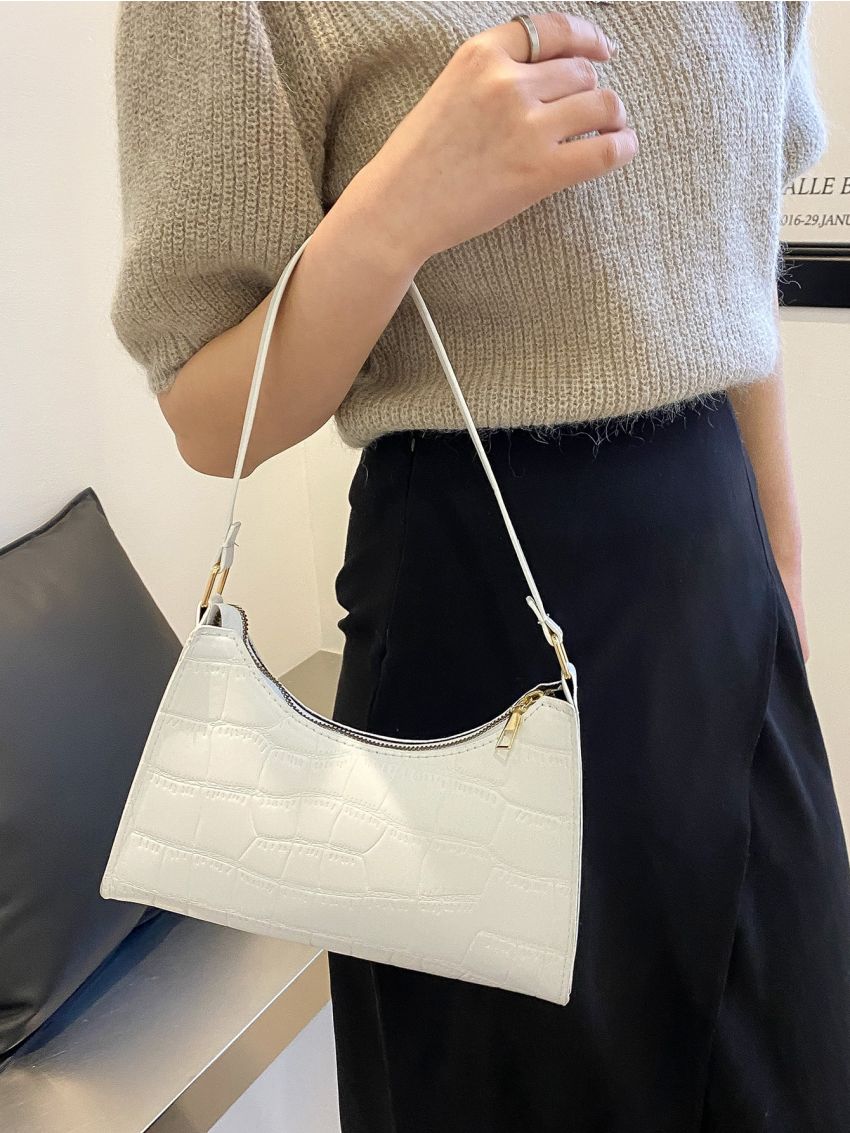 Crocodile Embossed Top Handle Baguette Bag