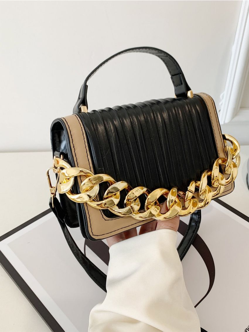 Embossed Detail Two Tone Chain Flap Square Bag