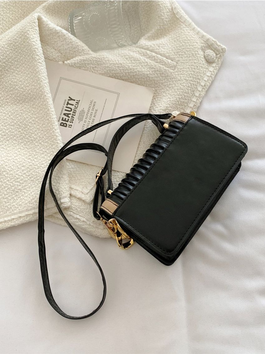 Embossed Detail Two Tone Chain Flap Square Bag