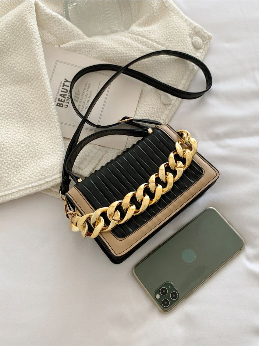 Embossed Detail Two Tone Chain Flap Square Bag