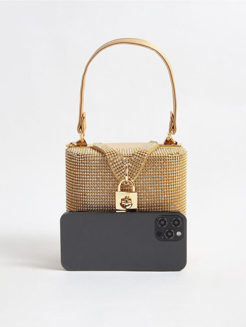 Rhinestone Detail Metal Lock Design Box Bag