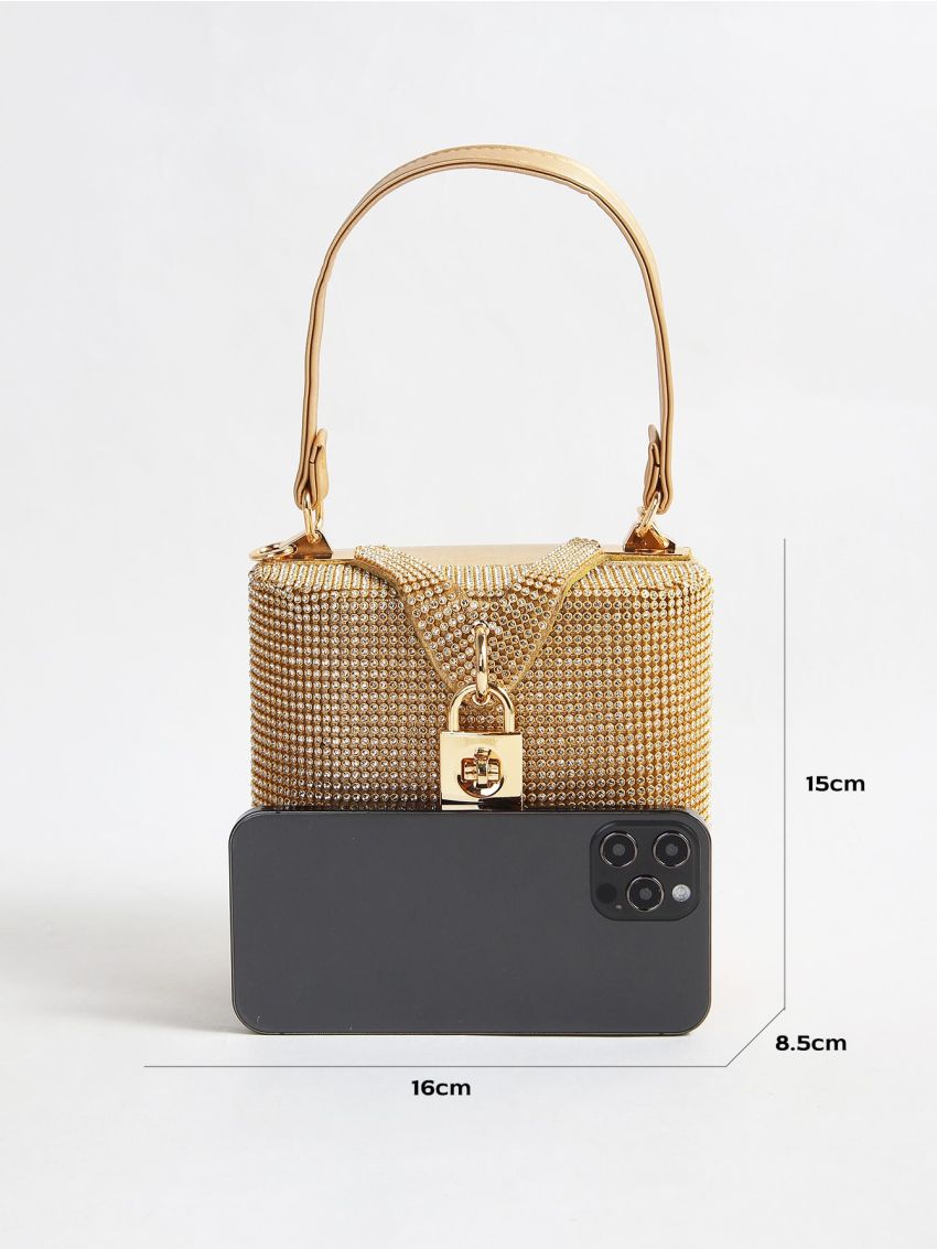 Rhinestone Detail Metal Lock Design Box Bag