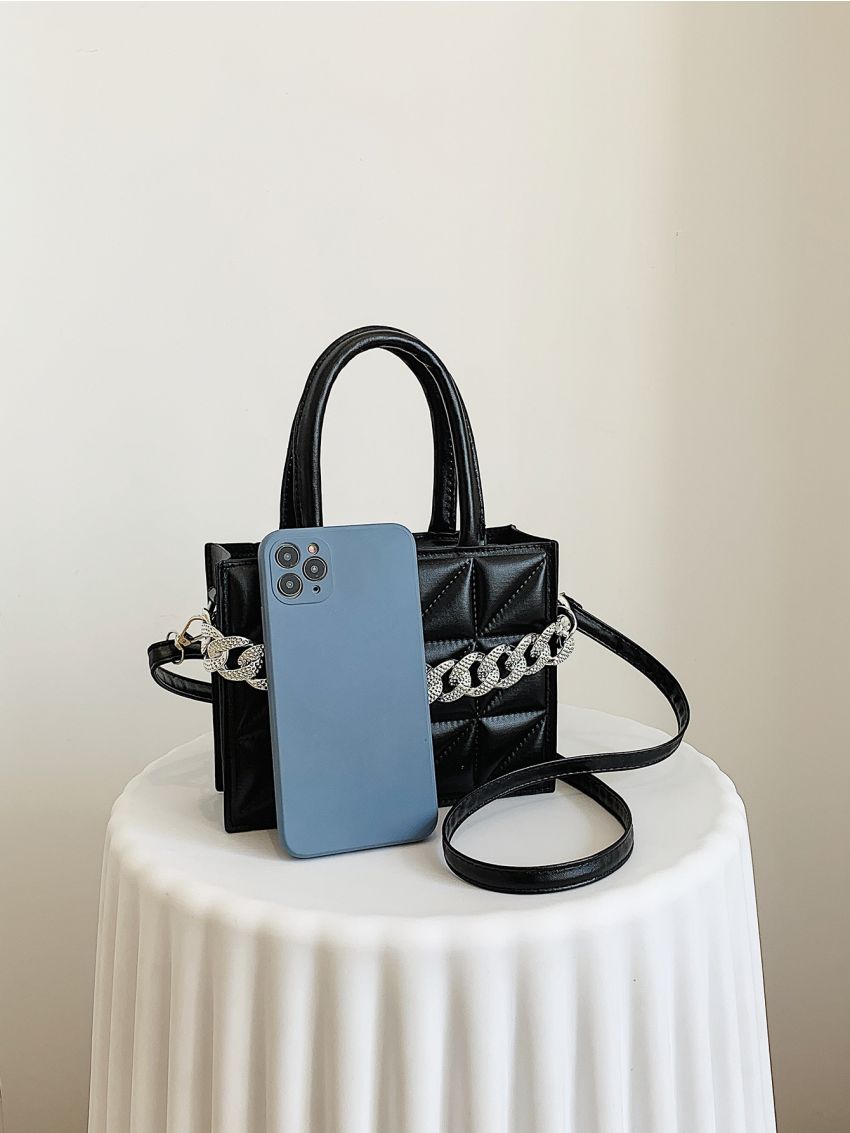 Mini Geometric Embossed Chain & Rhinestone Decor Square Bag