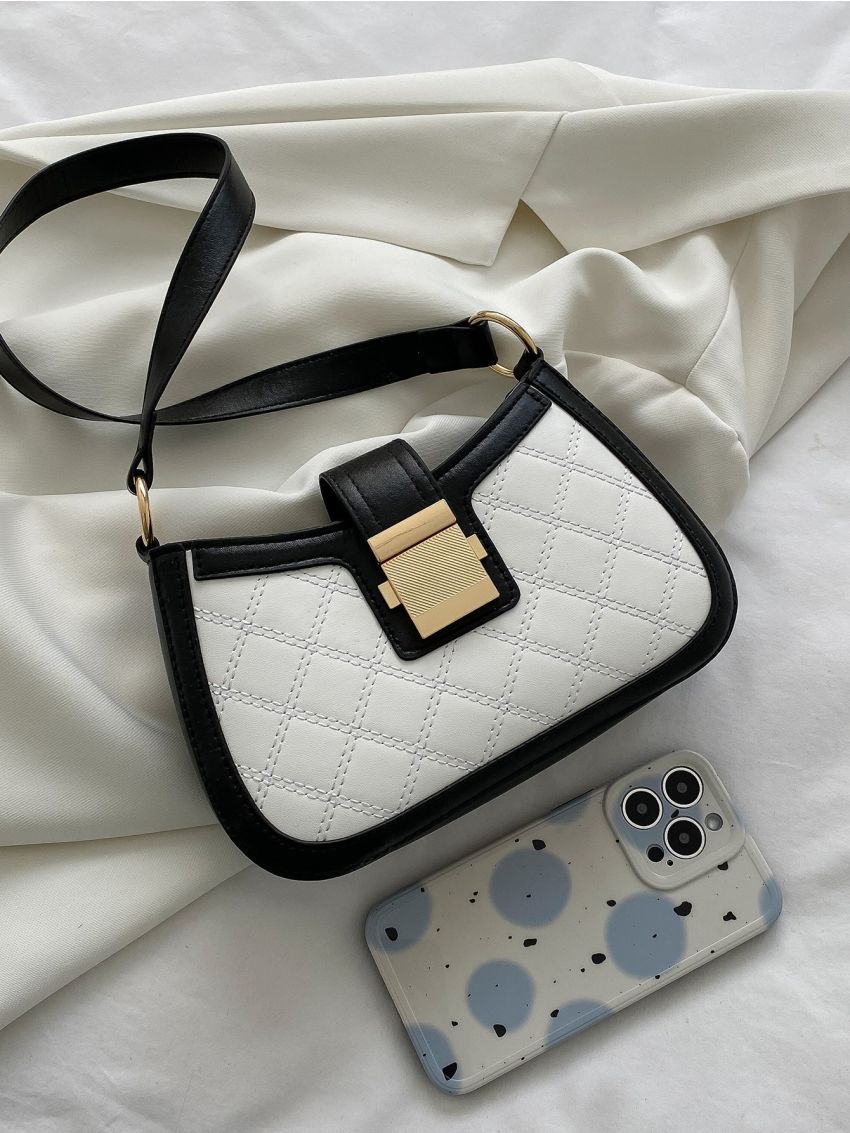 Quilted Pattern Two Tone Baguette Bag