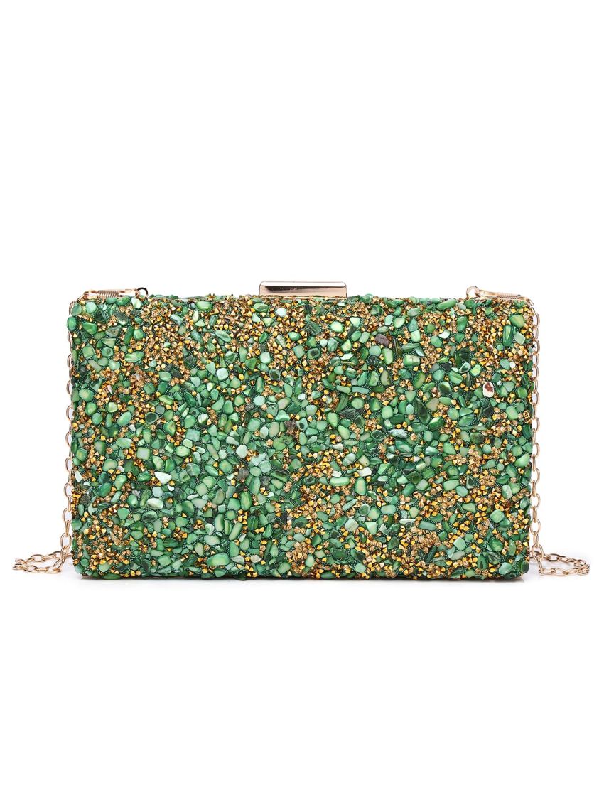 Allover Stone Decor Chain Box Bag