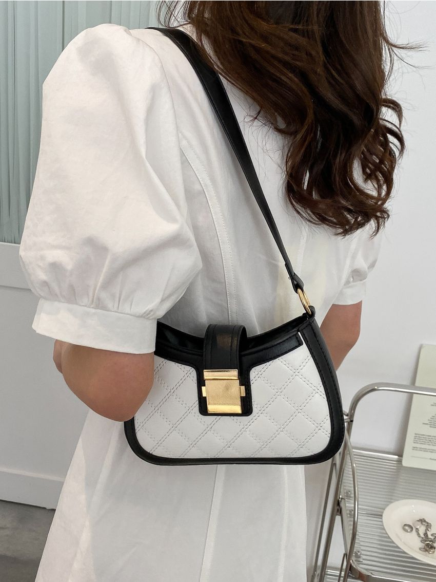 Quilted Pattern Two Tone Baguette Bag