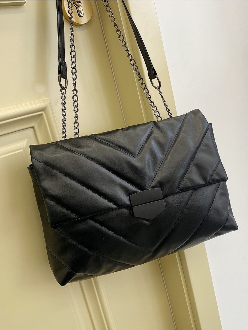 Chevron Detail Flap Chain Square Bag