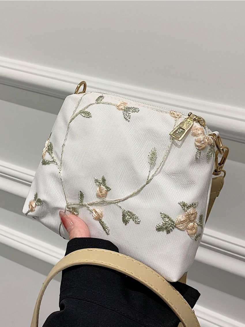 Mini Letter Graphic Clear Square Bag With Floral Embroidered Inner Pouch