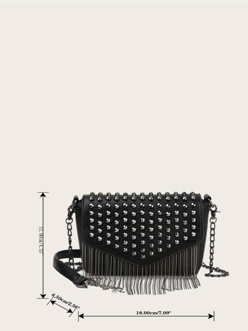 Mini Studded & Fringe Decor Flap Square Bag