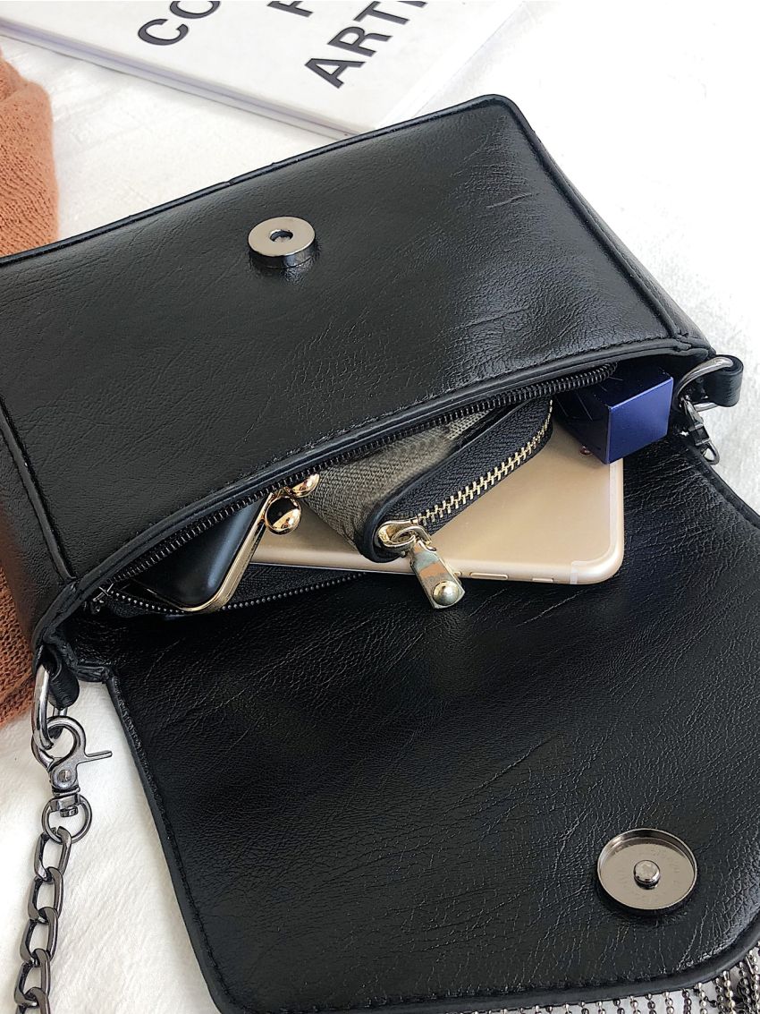 Mini Studded & Fringe Decor Flap Square Bag