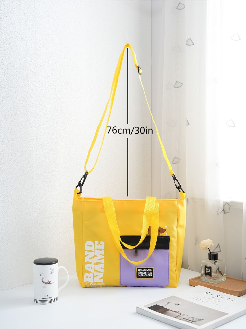 Pocket Front Design Letter Graphic Colorblock Shoulder Tote Bag