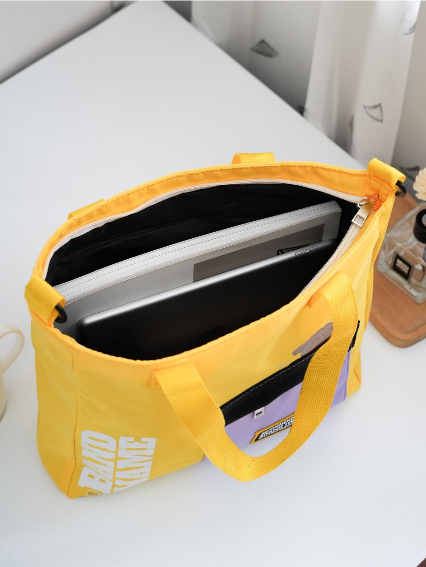 Pocket Front Design Letter Graphic Colorblock Shoulder Tote Bag