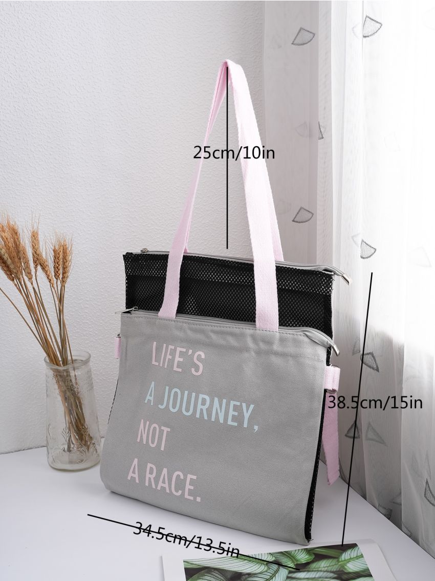 Letter Graphic Pocket Front Tote Bag