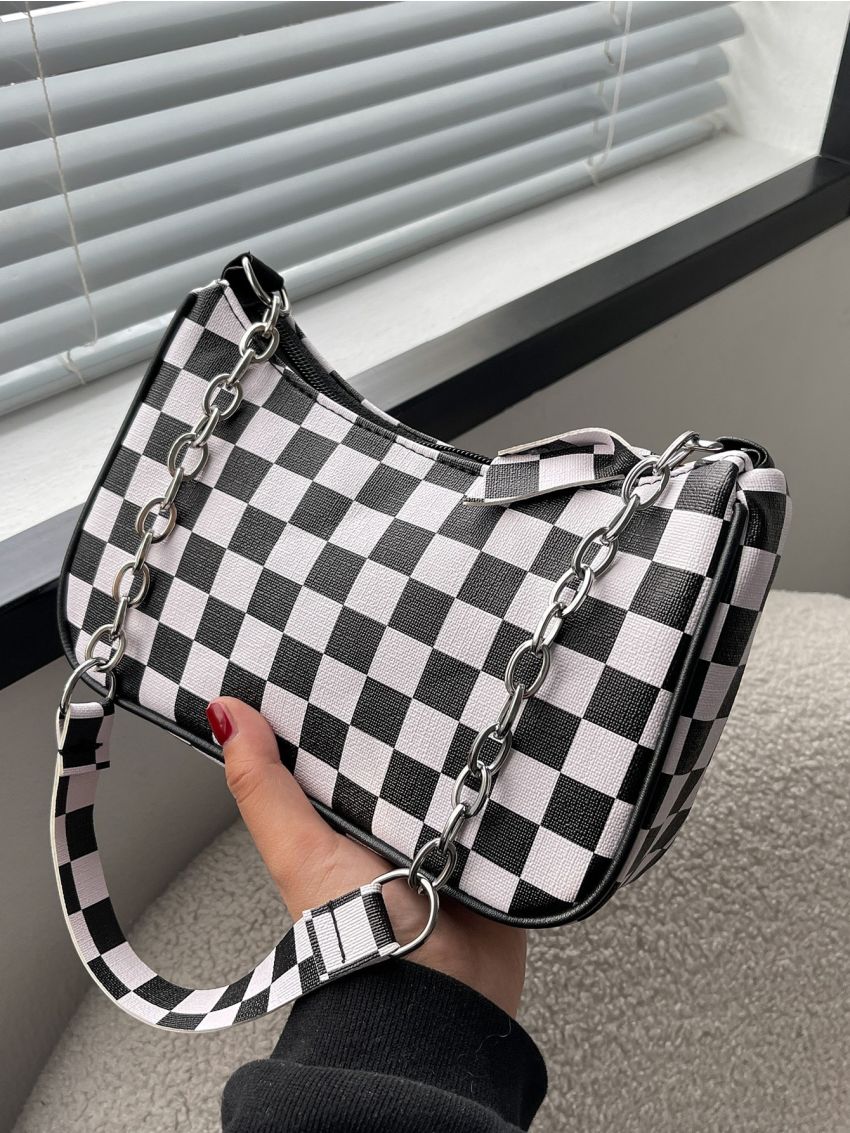 Checkered Print Chain Decor Baguette Bag