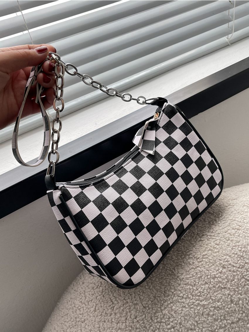 Checkered Print Chain Decor Baguette Bag