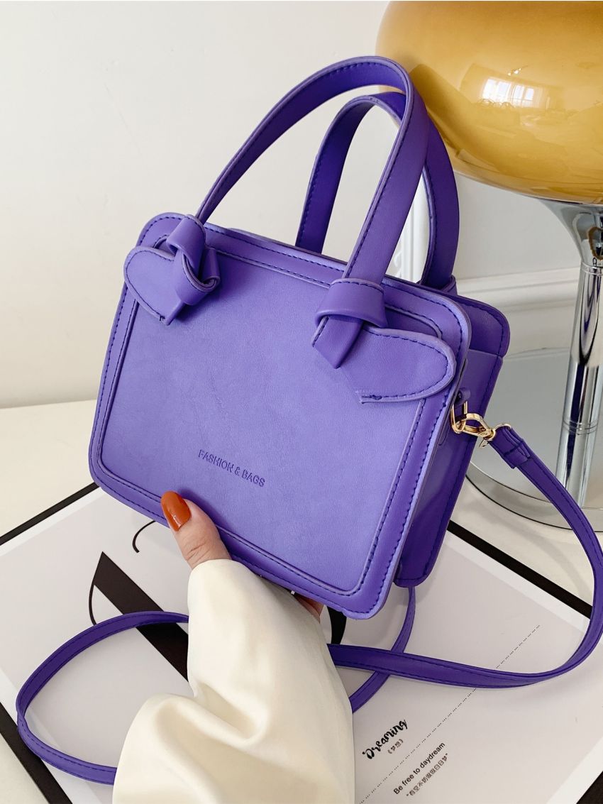 Letter Graphic Knot Detail Double Handle Square Bag