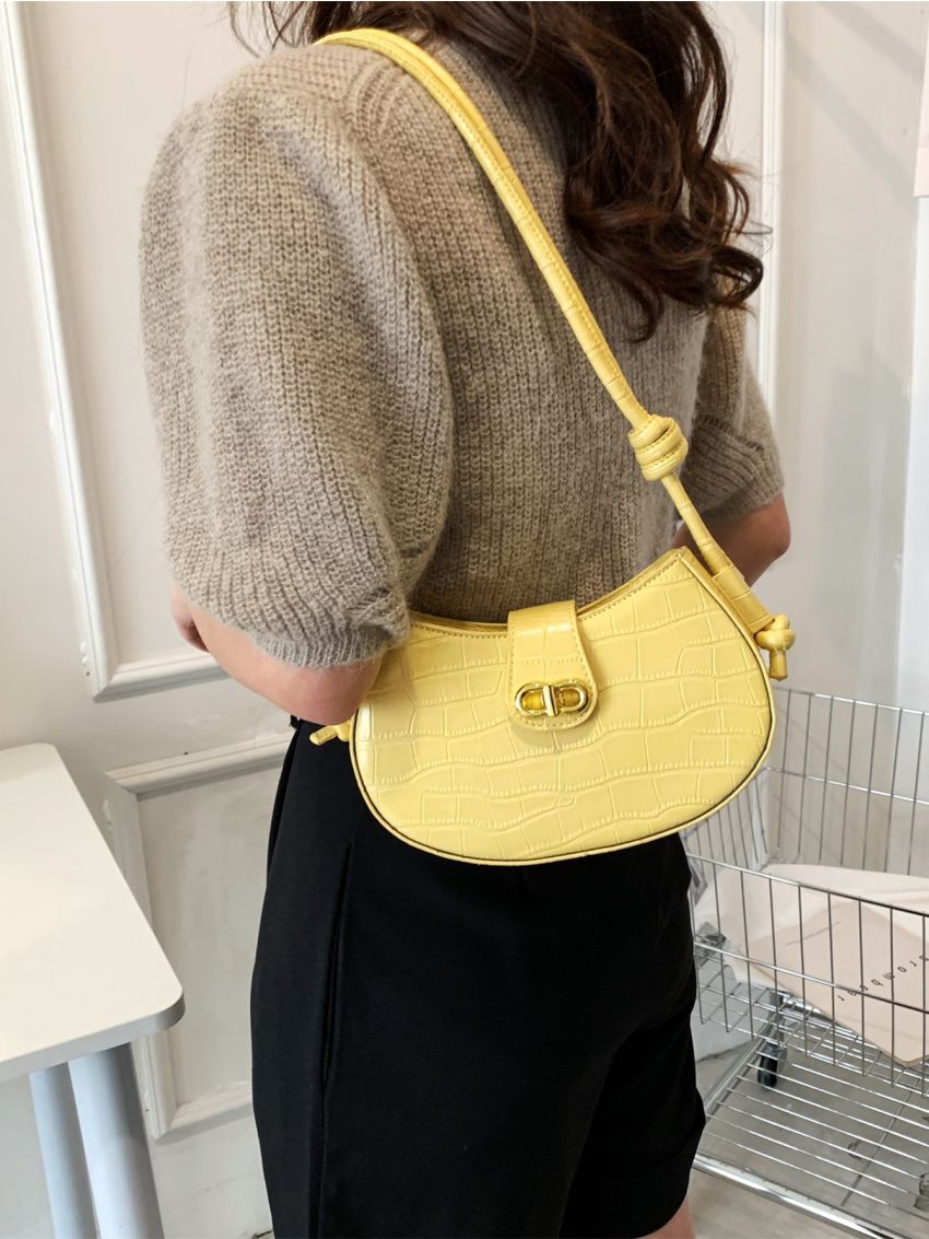 Crocodile Embossed Twist Lock Baguette Bag