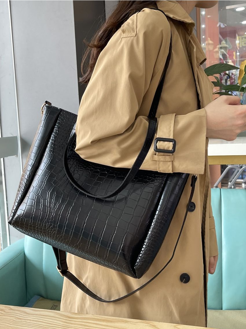 Crocodile Embossed Shoulder Tote Bag