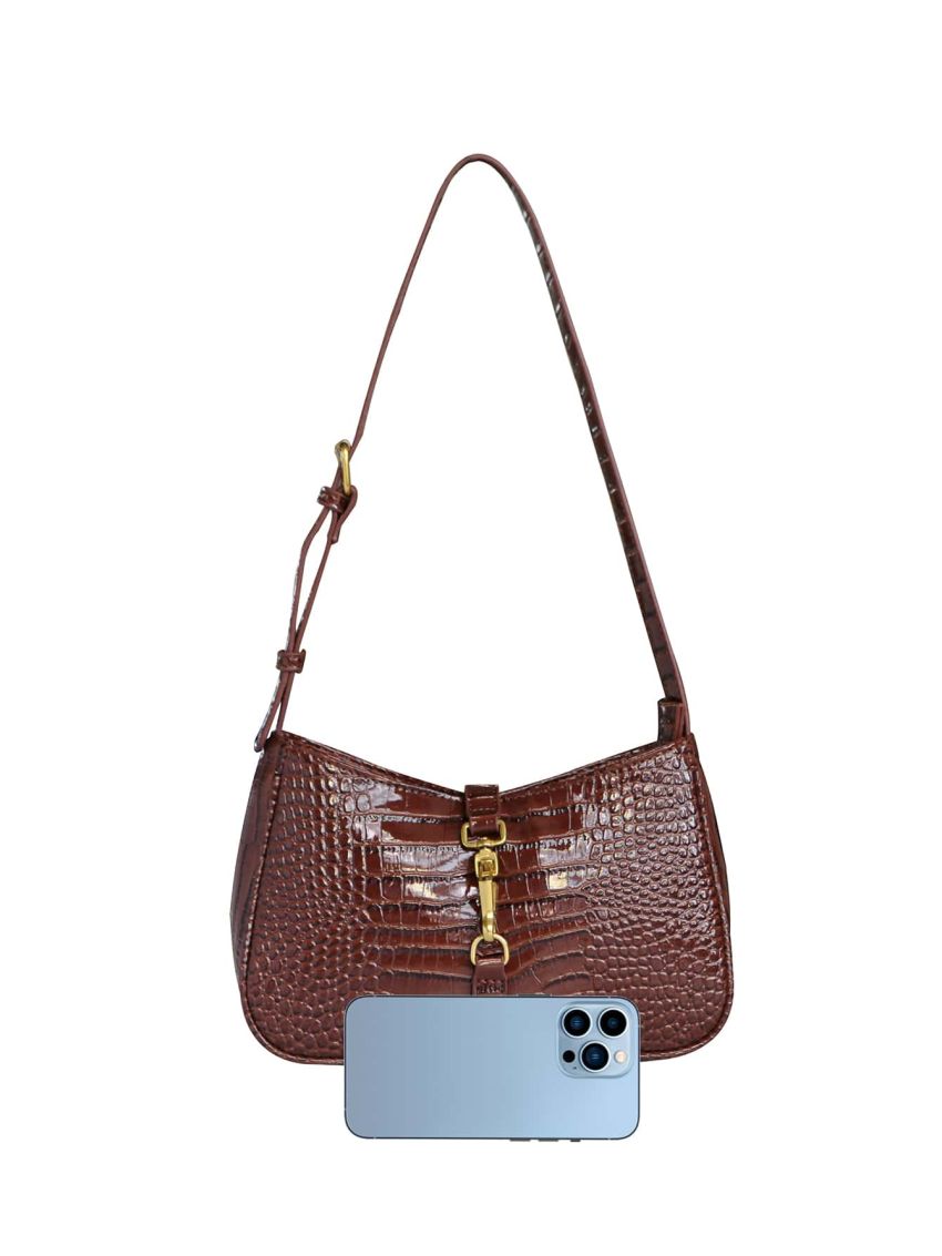 Horsebit Decor Crocodile Embossed Baguette Bag