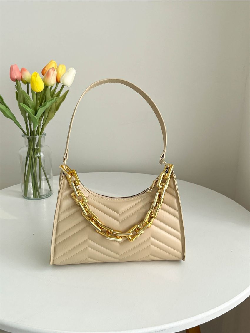 Chevron Detail Chain Baguette Bag