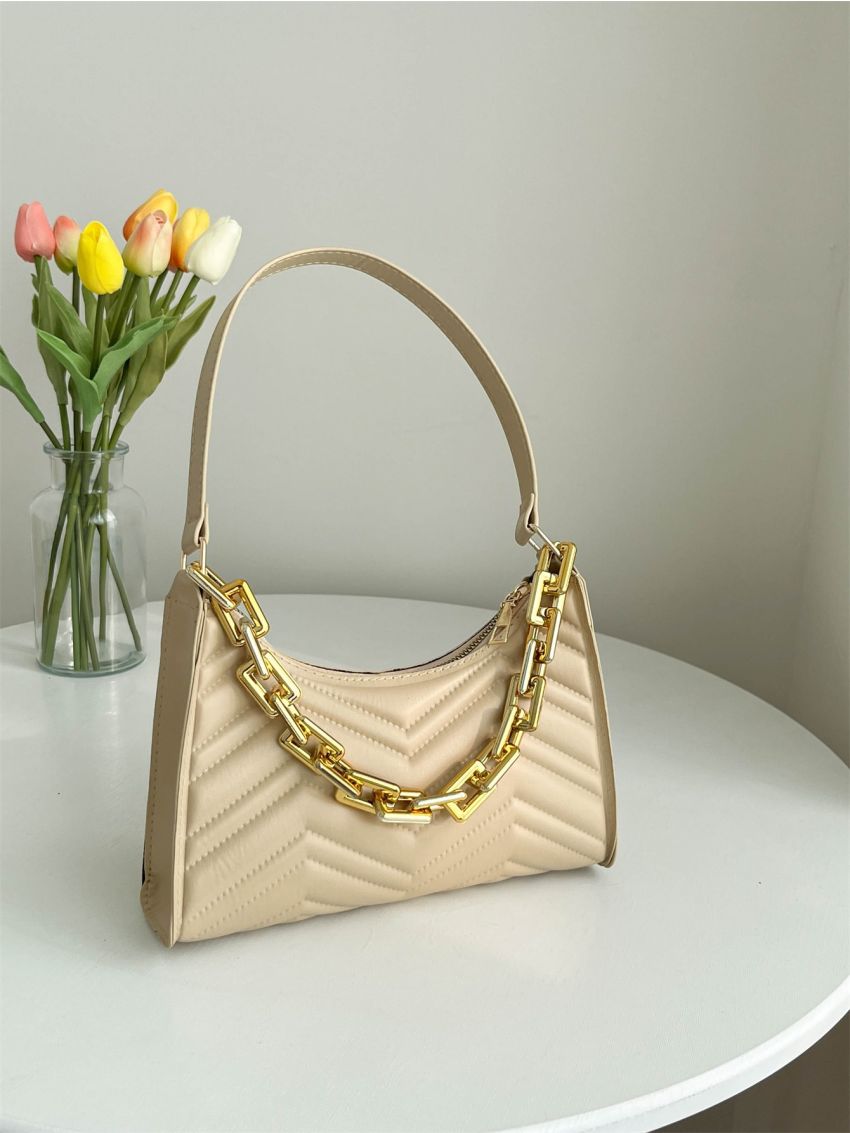 Chevron Detail Chain Baguette Bag