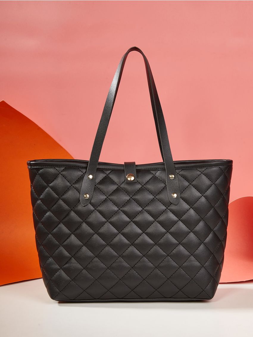 Quilted Pattern Studded Decor Shoulder Tote Bag