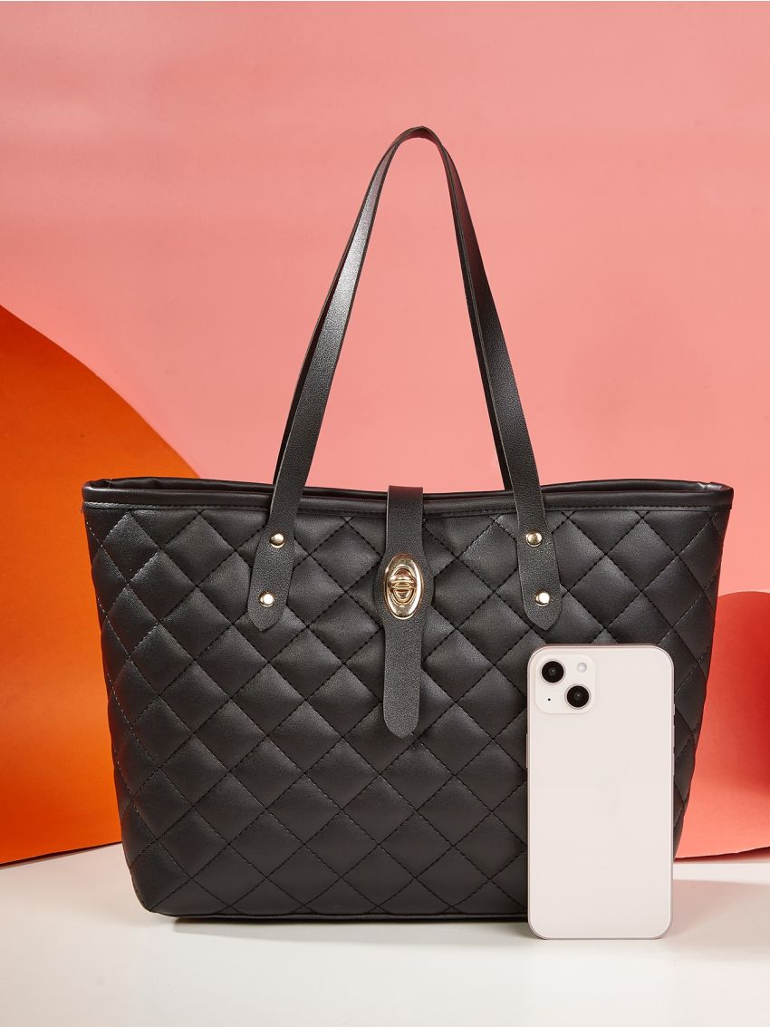Quilted Pattern Studded Decor Shoulder Tote Bag