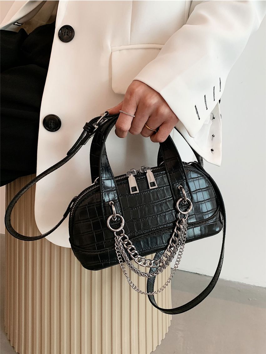 Crocodile Embossed Chain Decor Dome Bag