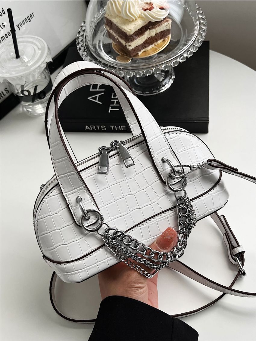 Crocodile Embossed Chain Decor Dome Bag