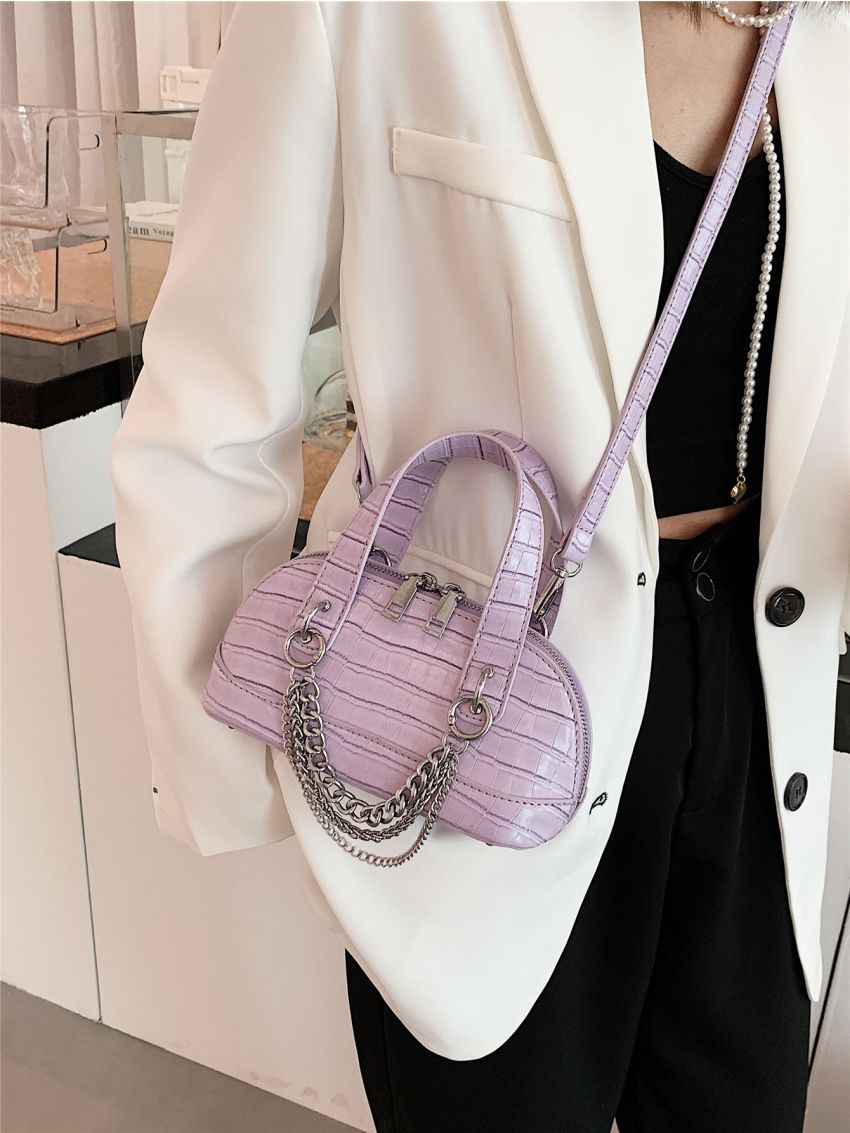 Crocodile Embossed Chain Decor Dome Bag